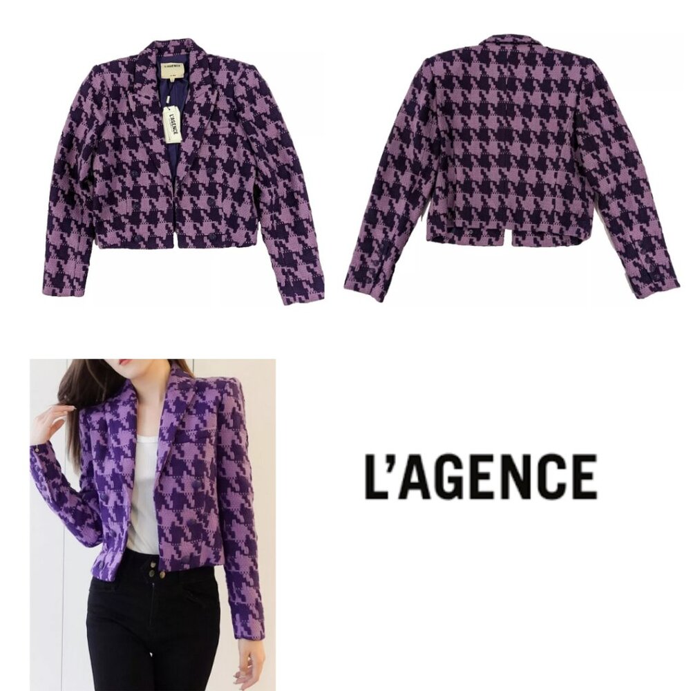 NEW L'AGENCE Inez cropped houndstooth tweed blazer Purple Size 10